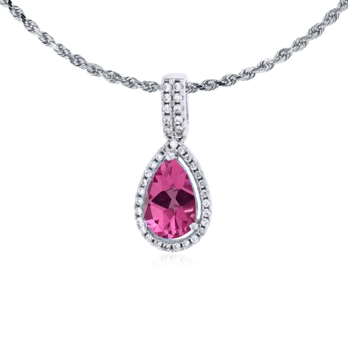 14K White Gold 8x5mm Pear Cut Pure Pink & 0.11 CTTW Diamond Halo 18" Rope Chain Necklace
