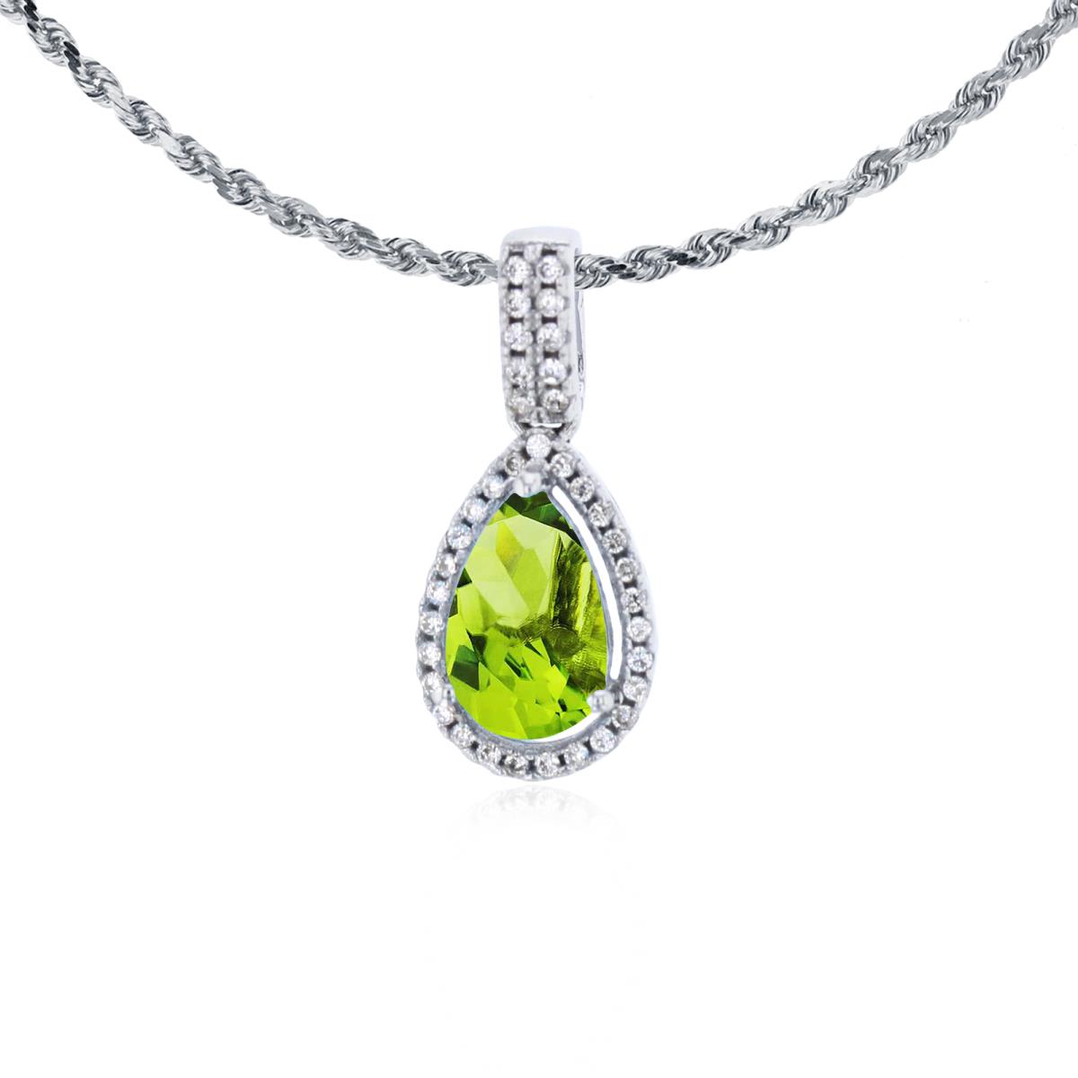 14K White Gold 8x5mm Pear Cut Peridot & 0.11 CTTW Diamond Halo 18" Rope Chain Necklace
