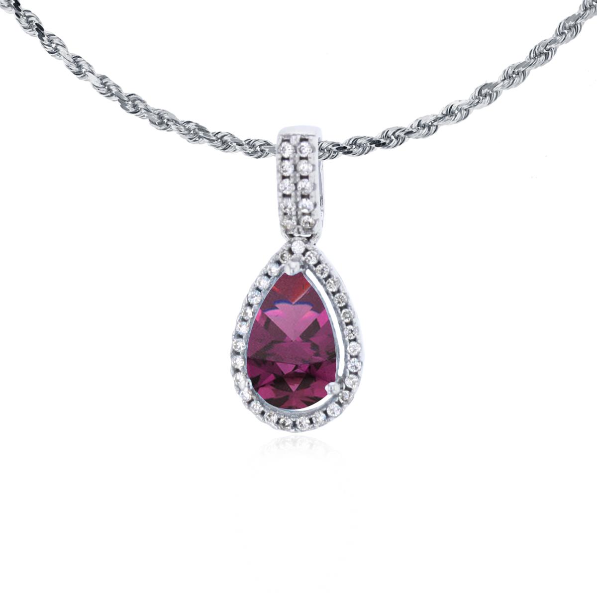 14K White Gold 8x5mm Pear Cut Rhodolite & 0.11 CTTW Diamond Halo 18" Rope Chain Necklace