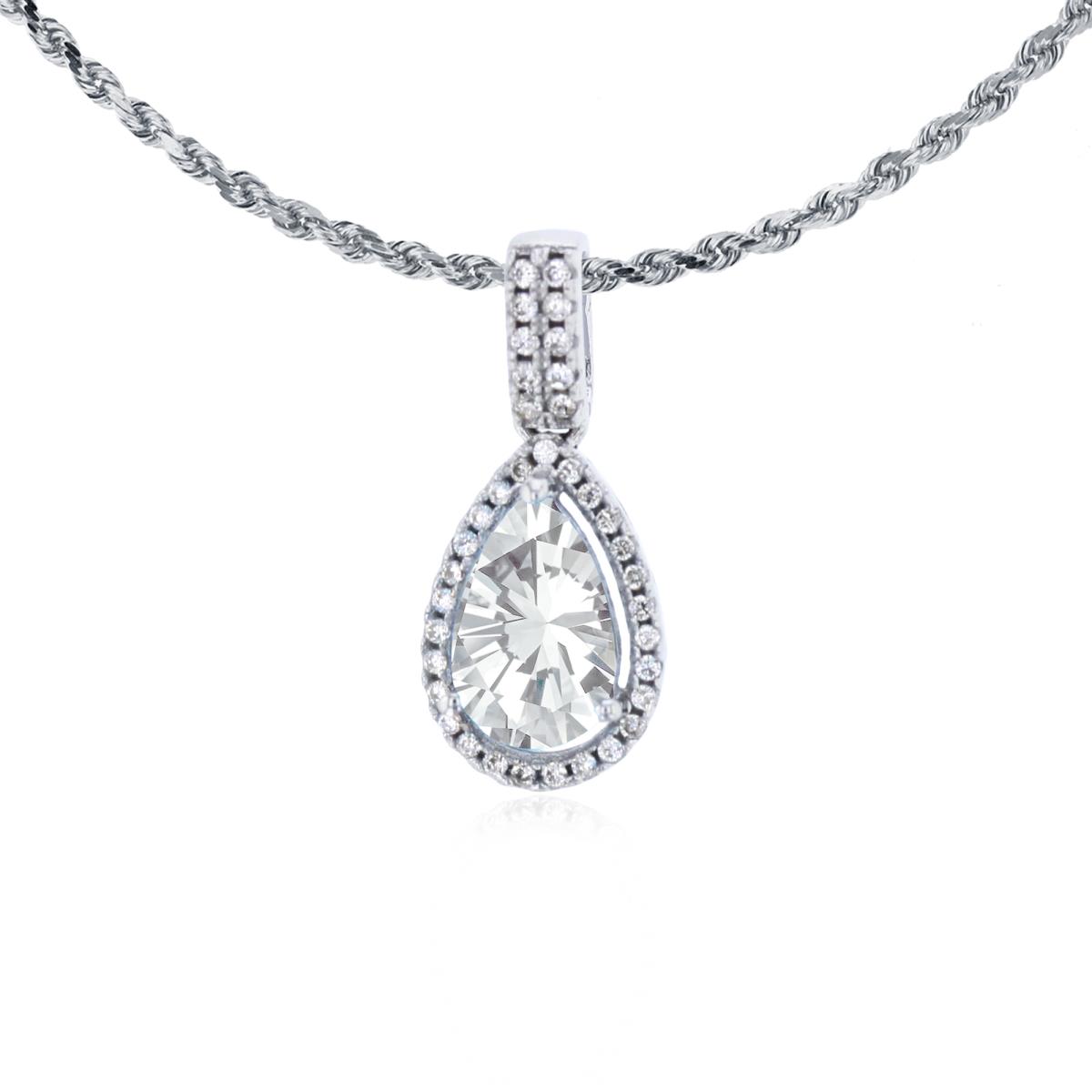 14K White Gold 8x5mm Pear Cut White Topaz & 0.11 CTTW Diamond Halo 18" Rope Chain Necklace