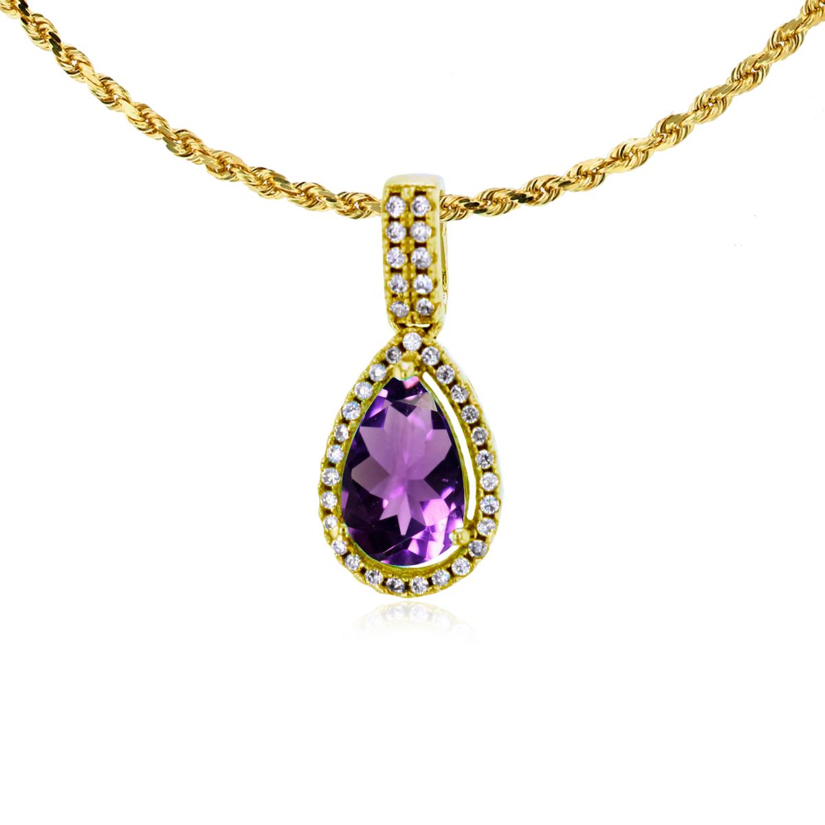 14K Yellow Gold 8x5mm Pear Cut Amethyst & 0.11 CTTW Diamond Halo 18" Rope Chain Necklace