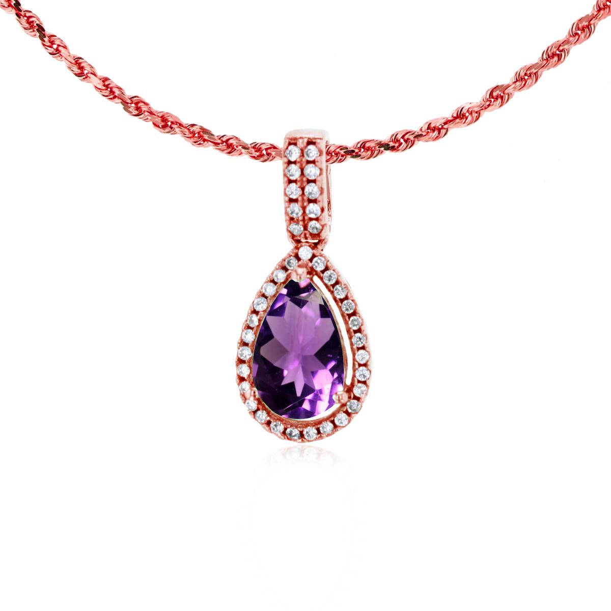 14K Rose Gold 8x5mm Pear Cut Amethyst & 0.11 CTTW Diamond Halo 18" Rope Chain Necklace