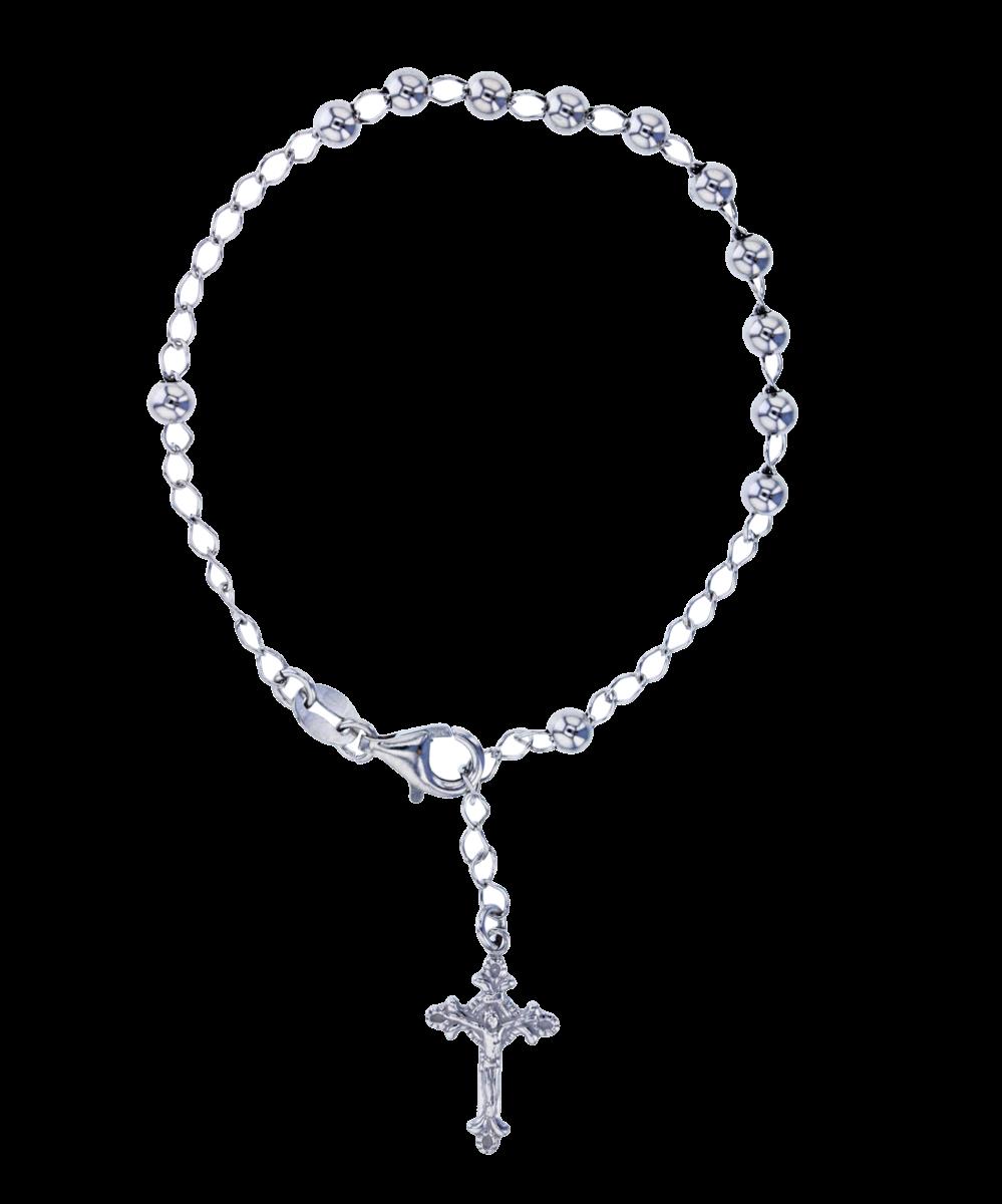 Sterling Silver Rhodium 20x12mm Crucifix Charm & Beads on Chain 7.5"Rosary Bracelet