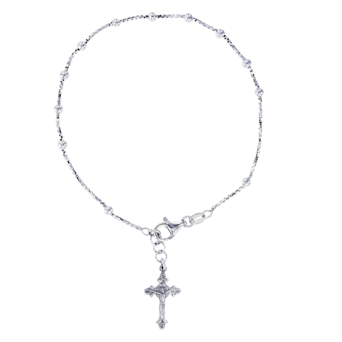 Sterling Silver Rhodium 20x12mm Crucifix Charm & Beads on Chain 8"Rosary Bracelet