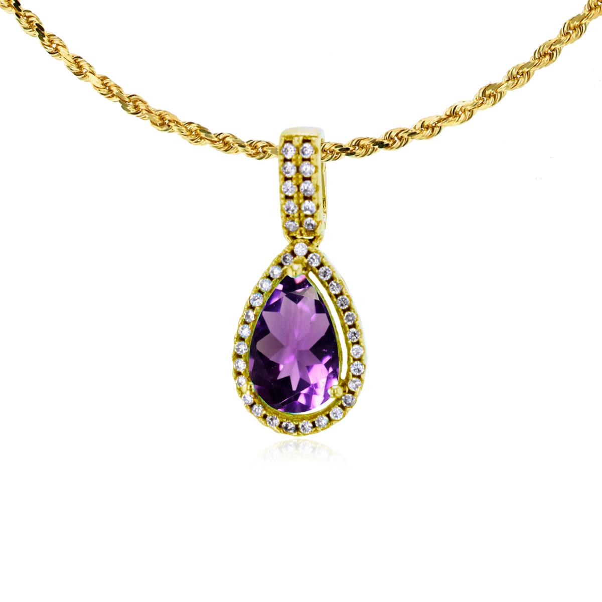 10K Yellow Gold 8x5mm Pear Cut Amethyst & 0.11 CTTW Diamond Halo 18" Rope Chain Necklace