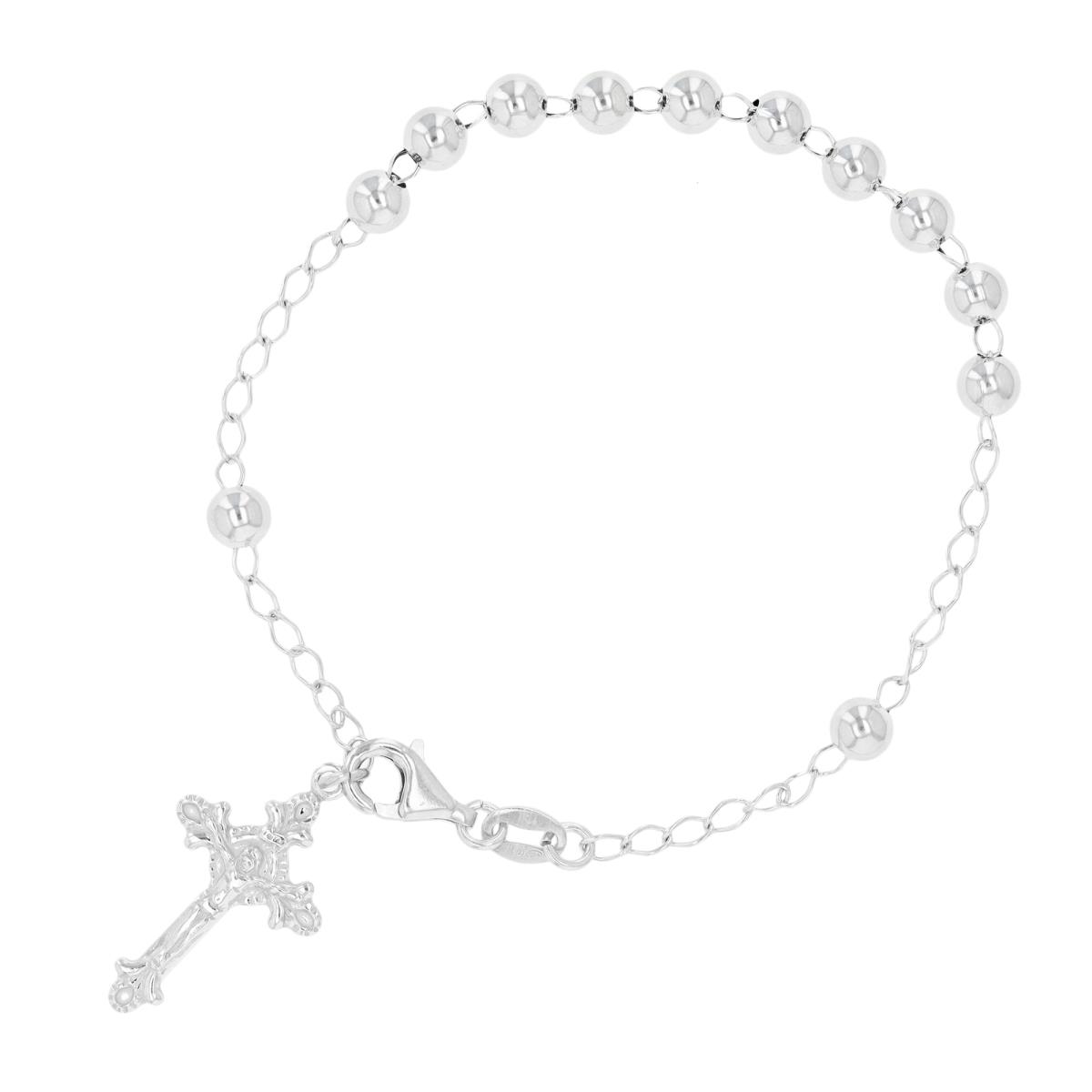 Sterling Silver Rhodium 25x15mm Crucifix Charm & Beads on Chain 7.5"Rosary Bracelet