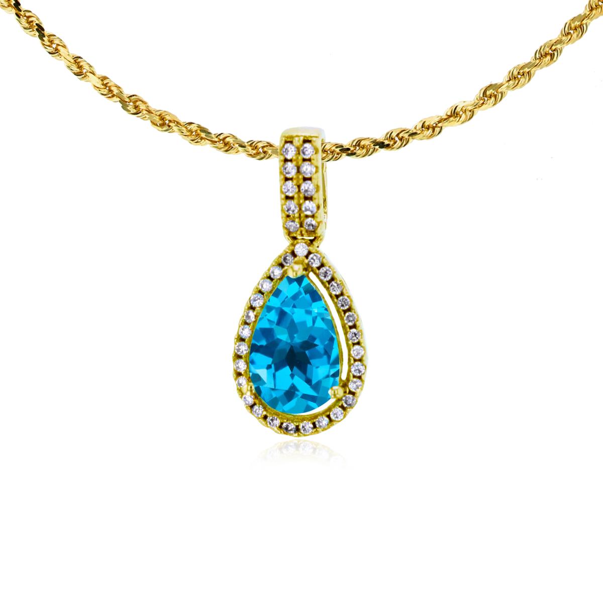 10K Yellow Gold 8x5mm Pear Cut Swiss Blue Topaz & 0.11 CTTW Diamond Halo 18" Rope Chain Necklace