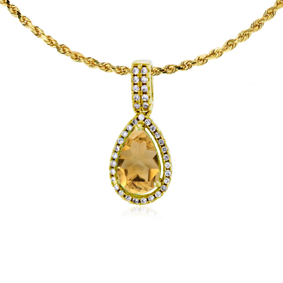 10K Yellow Gold 8x5mm Pear Cut Citrine & 0.11 CTTW Diamond Halo 18" Rope Chain Necklace