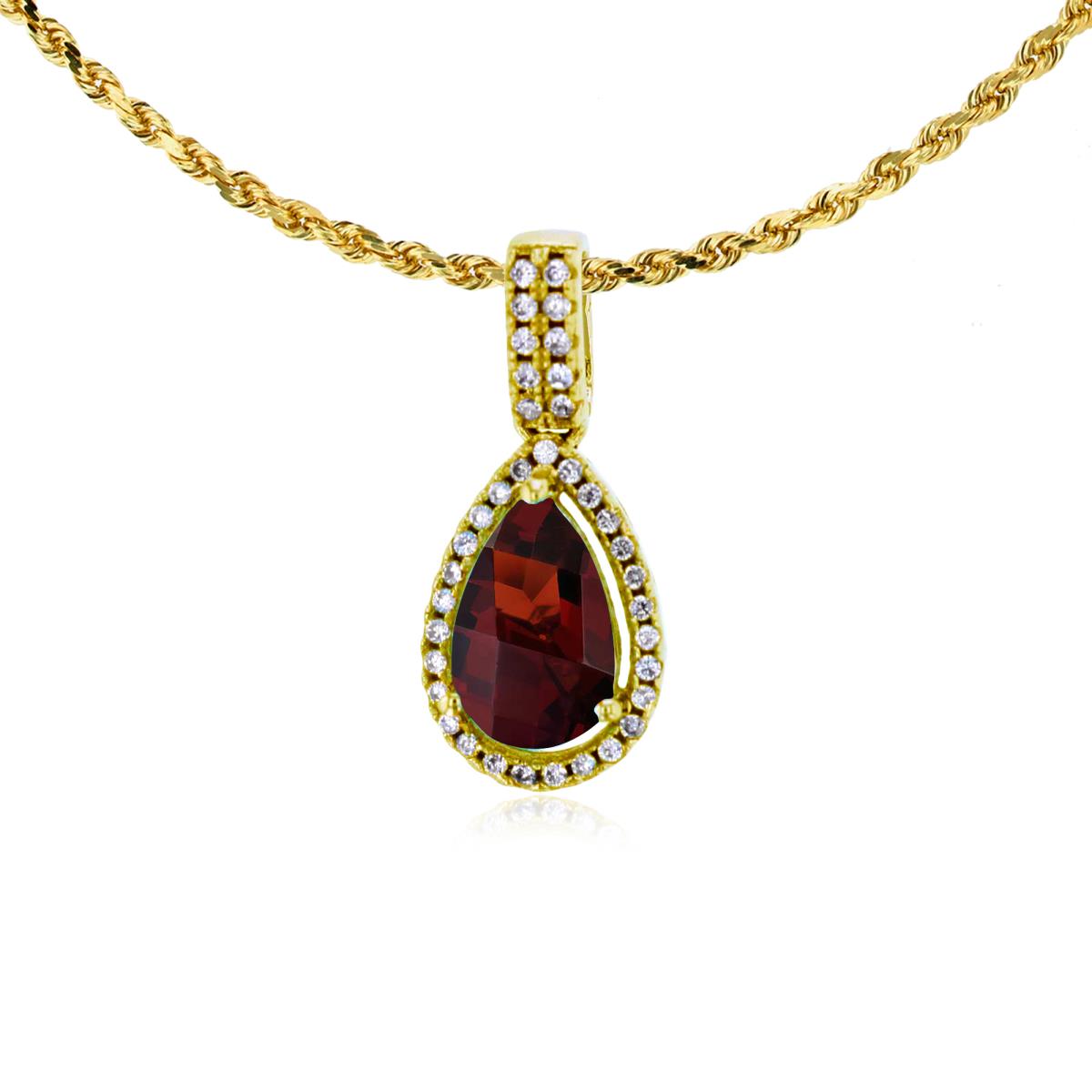 10K Yellow Gold 8x5mm Pear Cut Garnet & 0.11 CTTW Diamond Halo 18" Rope Chain Necklace