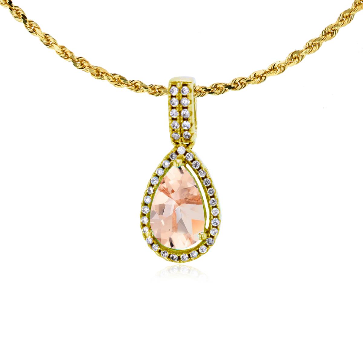 10K Yellow Gold 8x5mm Pear Cut Morganite & 0.11 CTTW Diamond Halo 18" Rope Chain Necklace