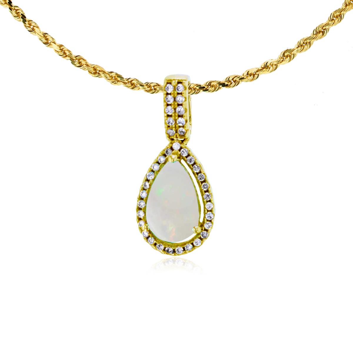 10K Yellow Gold 8x5mm Pear Cut Opal & 0.11 CTTW Diamond Halo 18" Rope Chain Necklace