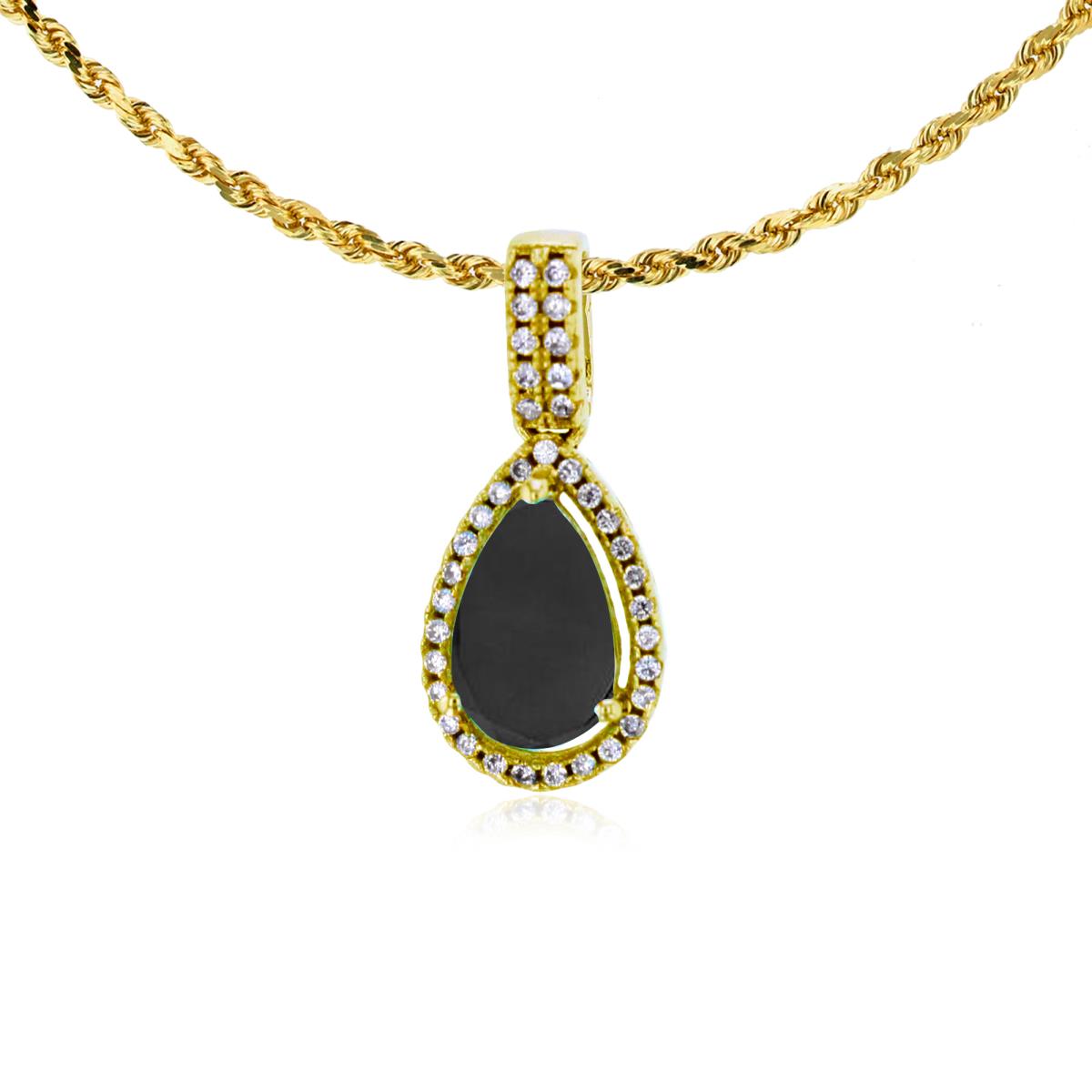 10K Yellow Gold 8x5mm Pear Cut Onyx & 0.11 CTTW Diamond Halo 18" Rope Chain Necklace