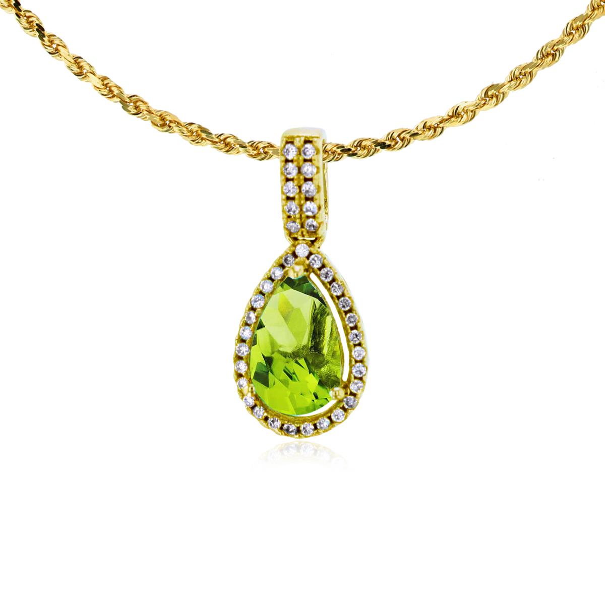 10K Yellow Gold 8x5mm Pear Cut Peridot & 0.11 CTTW Diamond Halo 18" Rope Chain Necklace