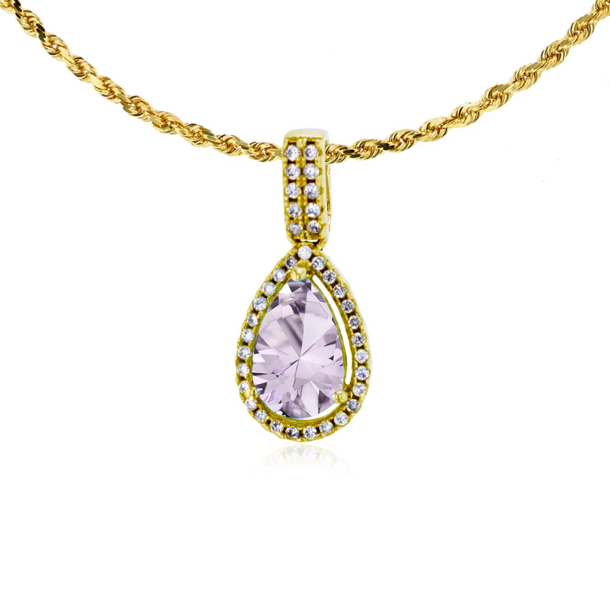 10K Yellow Gold 8x5mm Pear Cut Rose De France & 0.11 CTTW Diamond Halo 18" Rope Chain Necklace