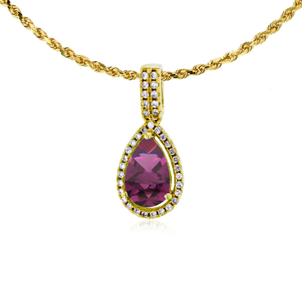 10K Yellow Gold 8x5mm Pear Cut Rhodolite & 0.11 CTTW Diamond Halo 18" Rope Chain Necklace