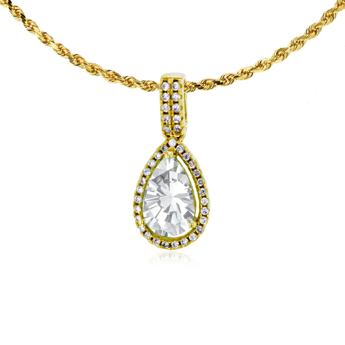10K Yellow Gold 8x5mm Pear Cut White Topaz & 0.11 CTTW Diamond Halo 18" Rope Chain Necklace
