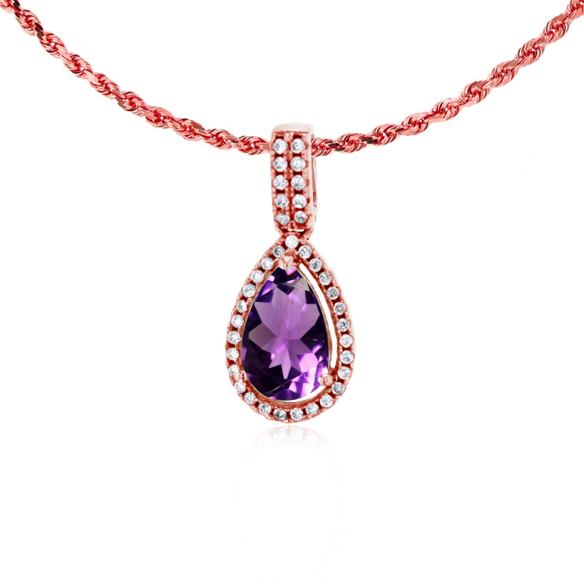 10K Rose Gold 8x5mm Pear Cut Amethyst & 0.11 CTTW Diamond Halo 18" Rope Chain Necklace
