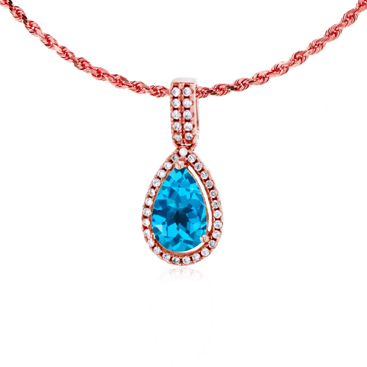 10K Rose Gold 8x5mm Pear Cut Swiss Blue Topaz & 0.11 CTTW Diamond Halo 18" Rope Chain Necklace