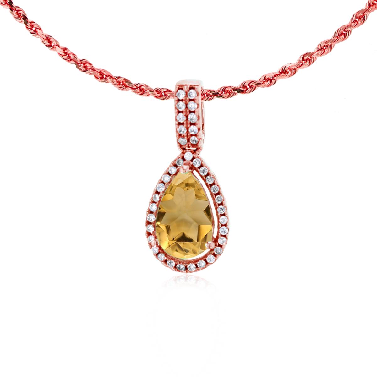10K Rose Gold 8x5mm Pear Cut Citrine & 0.11 CTTW Diamond Halo 18" Rope Chain Necklace
