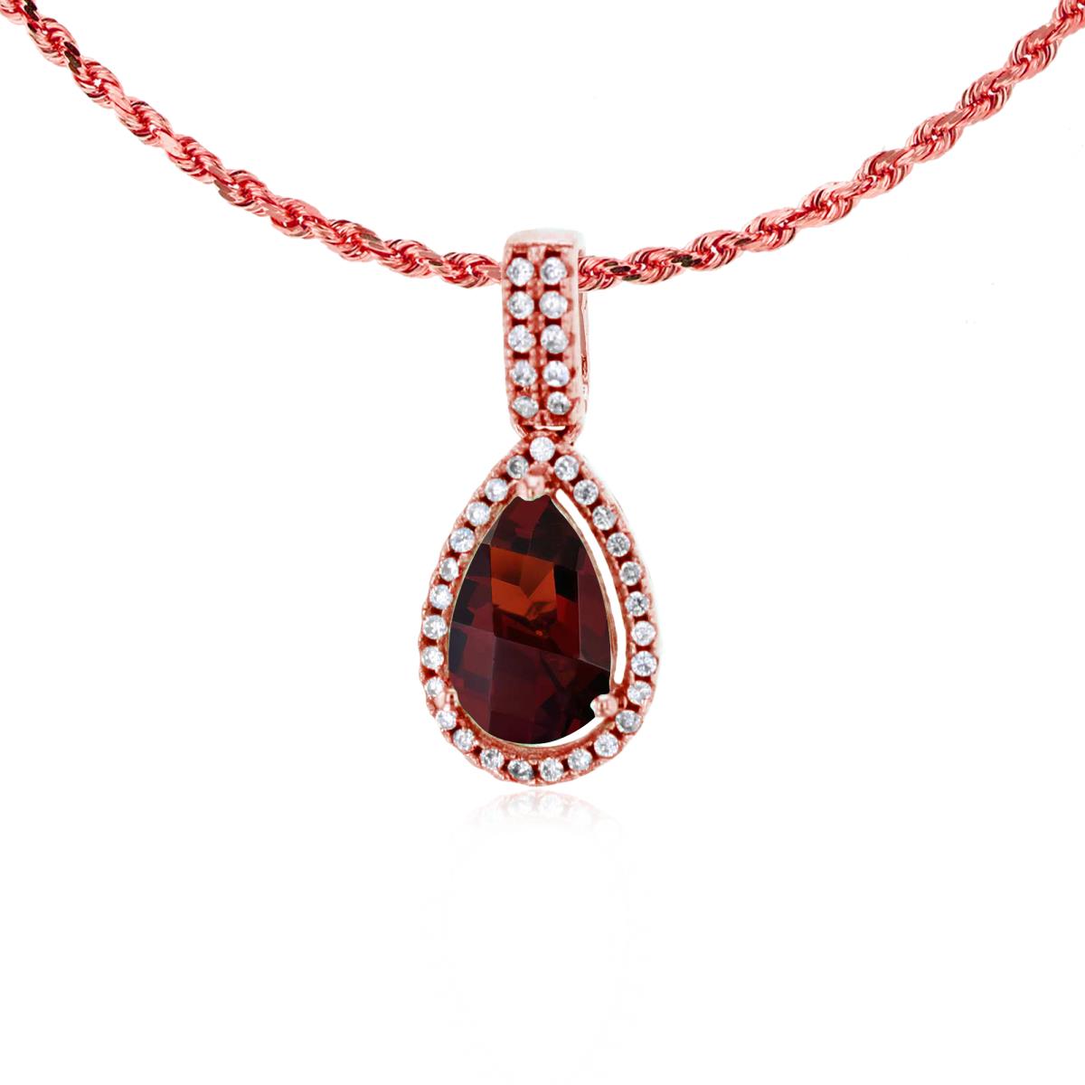 10K Rose Gold 8x5mm Pear Cut Garnet & 0.11 CTTW Diamond Halo 18" Rope Chain Necklace