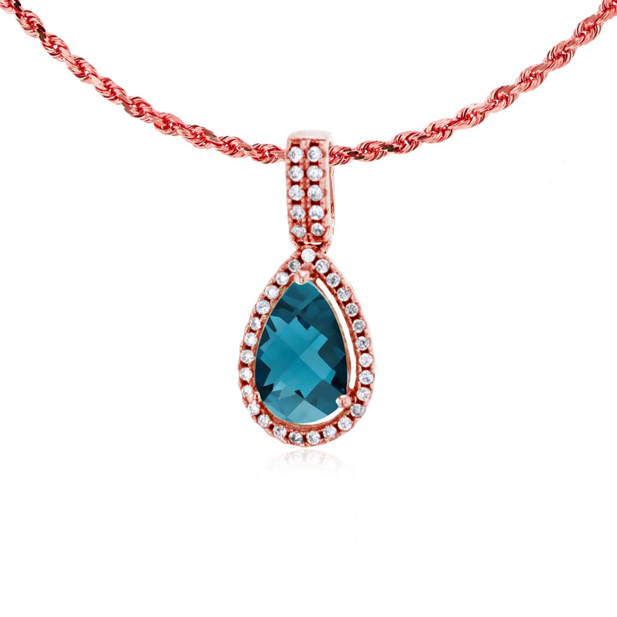 10K Rose Gold 8x5mm Pear Cut London Blue Topaz & 0.11 CTTW Diamond Halo 18" Rope Chain Necklace