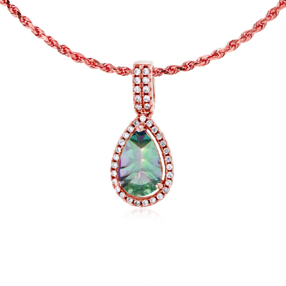 10K Rose Gold 8x5mm Pear Cut Mystic Green Topaz & 0.11 CTTW Diamond Halo 18" Rope Chain Necklace