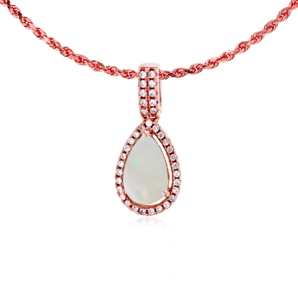 10K Rose Gold 8x5mm Pear Cut Opal & 0.11 CTTW Diamond Halo 18" Rope Chain Necklace