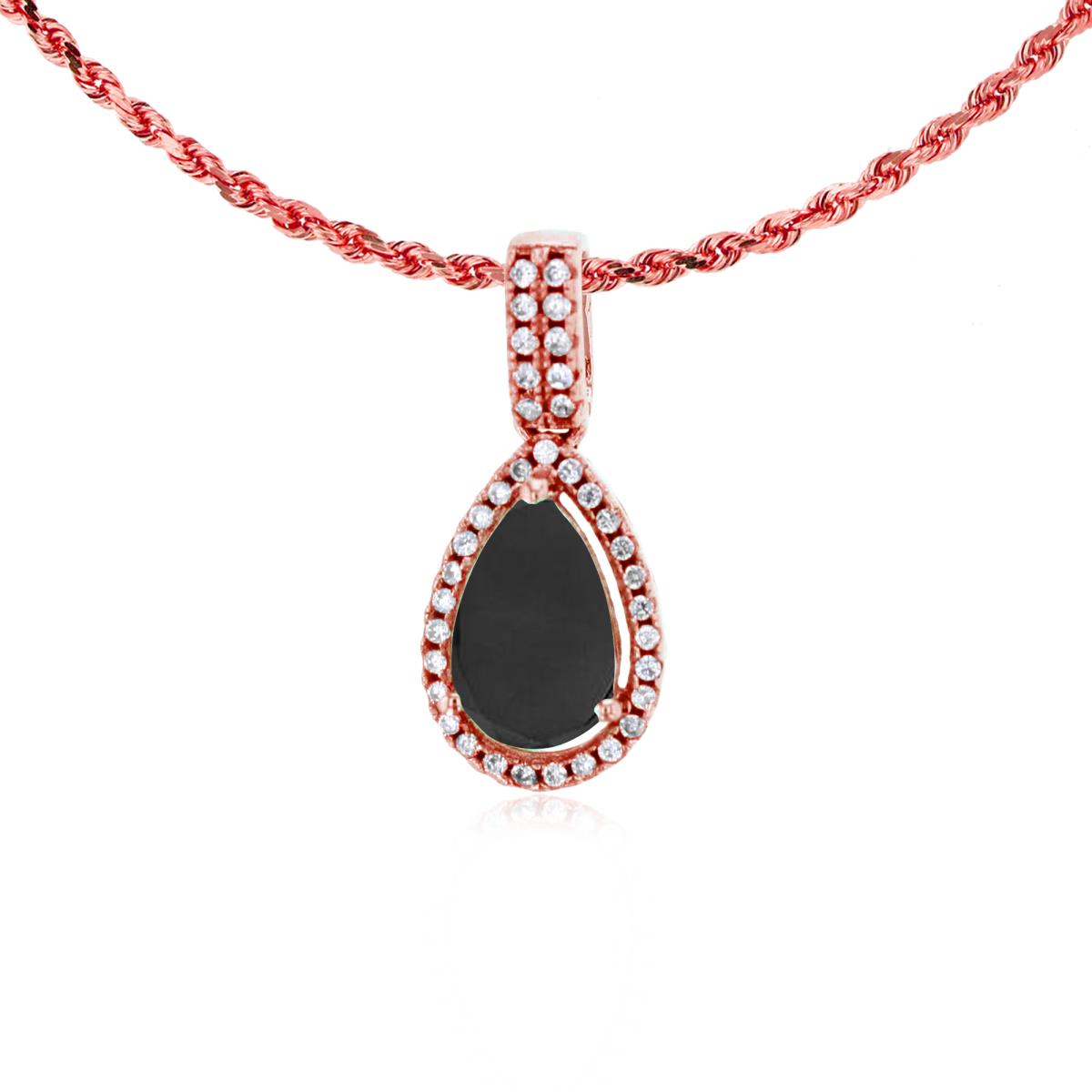 10K Rose Gold 8x5mm Pear Cut Onyx & 0.11 CTTW Diamond Halo 18" Rope Chain Necklace
