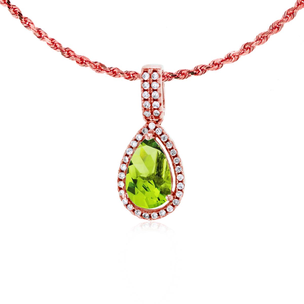10K Rose Gold 8x5mm Pear Cut Peridot & 0.11 CTTW Diamond Halo 18" Rope Chain Necklace