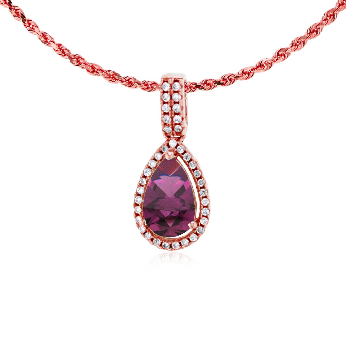 10K Rose Gold 8x5mm Pear Cut Rhodolite & 0.11 CTTW Diamond Halo 18" Rope Chain Necklace