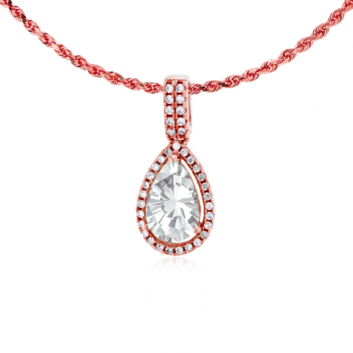 10K Rose Gold 8x5mm Pear Cut White Topaz & 0.11 CTTW Diamond Halo 18" Rope Chain Necklace