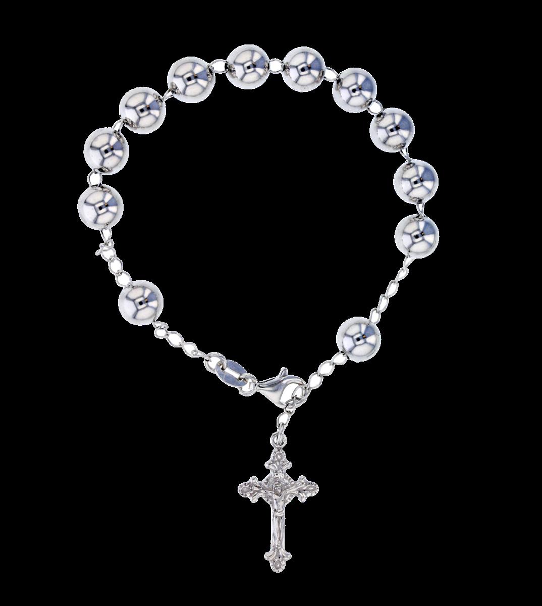 Sterling Silver Rhodium 25x15mm Crucifix Charm & Beads on Chain 8"Rosary Bracelet