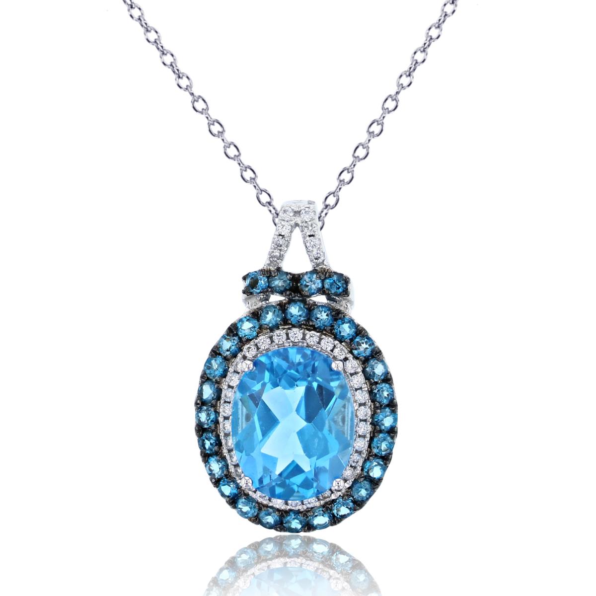 14K White Gold 10x8mm Ov Blue Topaz with 0.13 Diamonds & 1.5mm Rd London Blue Topaz Halo 18" Rope Chain Necklace