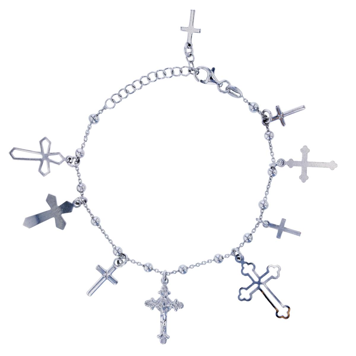 Sterling Silver Rhodium 9-pcs Cross Charms on 6"+1.25"Chain Rosary Bracelet