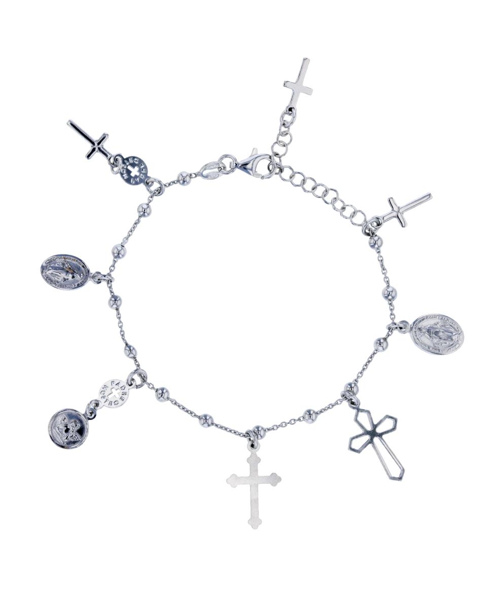 Sterling Silver Rhodium Virgin Mary/Cross Charms 7"+1" Chain Rosary Bracelet
