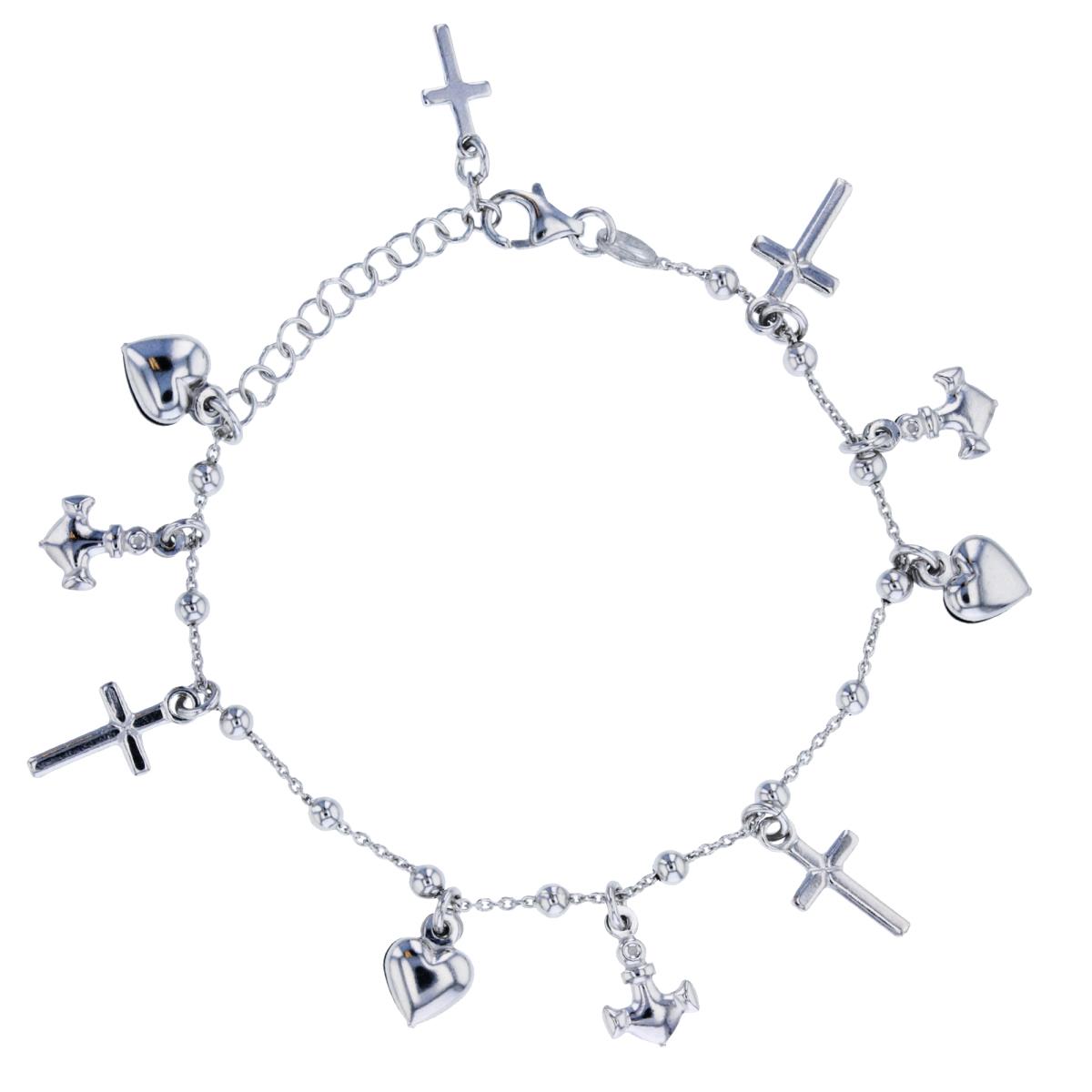 Sterling Silver Rhodium Cross/Heart/Anchor Charms 6"+1.25"Chain Rosary Bracelet
