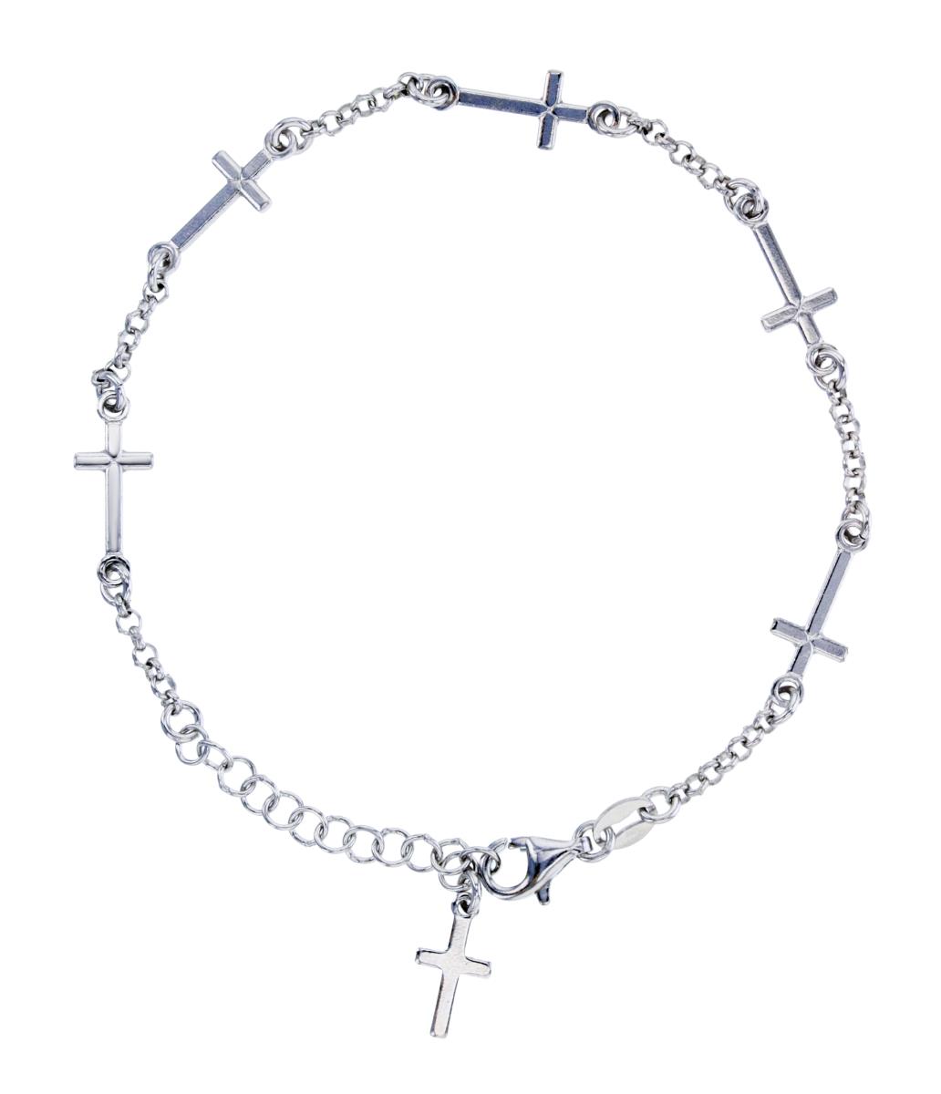 Sterling Silver Rhodium Alternate Cross/Chain 6.5"+1.5"Rosary Bracelet