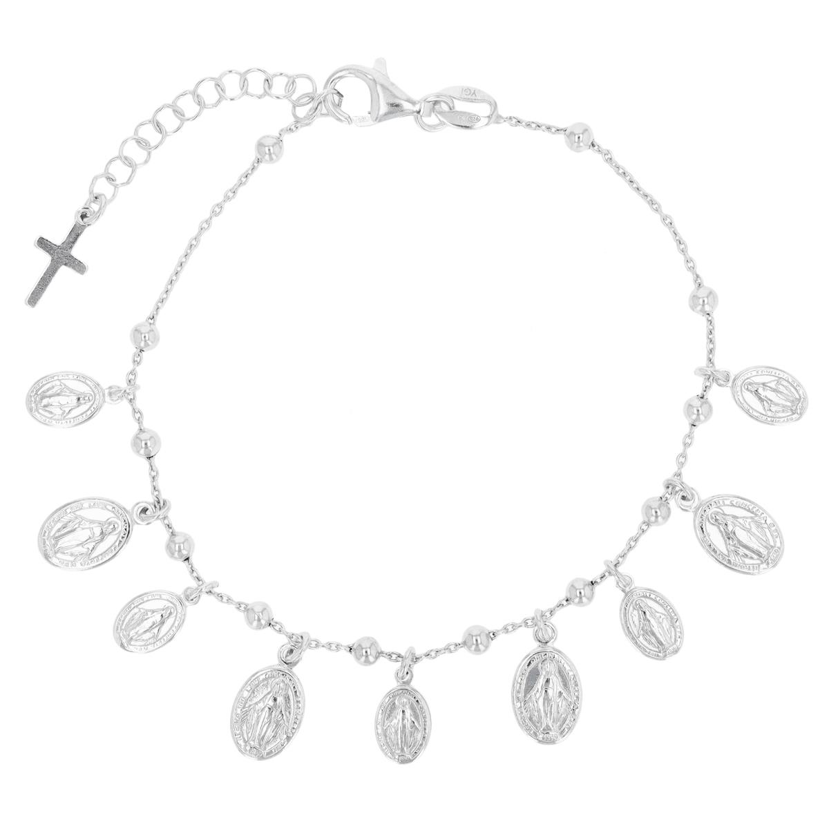 Sterling Silver Rhodium Cross & Virgin Mary Charms on 7"+1.25" Chain Rosary Bracelet