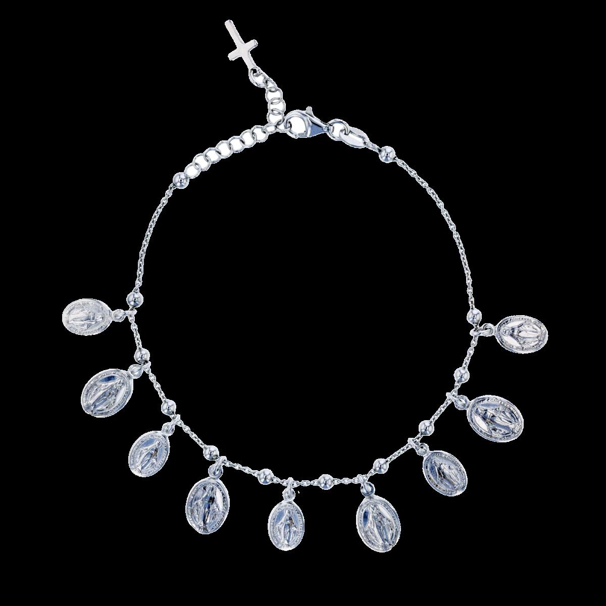 Sterling Silver Rhodium Cross & Virgin Mary Charms on 7"+1.25"Chain Rosary Bracelet