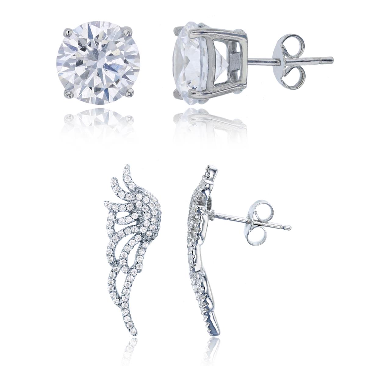 Sterling Silver Rhodium Micropave CZ Wing Ear Climber & 8mm Rd Solitaire Stud Earring Set