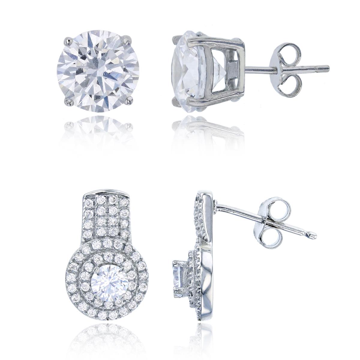 Sterling Silver Rhodium 4mm Rd CZ Dbl Halo Drop & 8mm Rd Solitaire Stud Earring Set