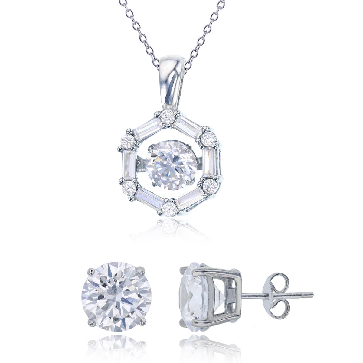 Sterling Silver Rhodium 6mm Rd Twinkle Set Hexagon 18" Necklace & 8mm Rd Solitaire Stud Earring Set