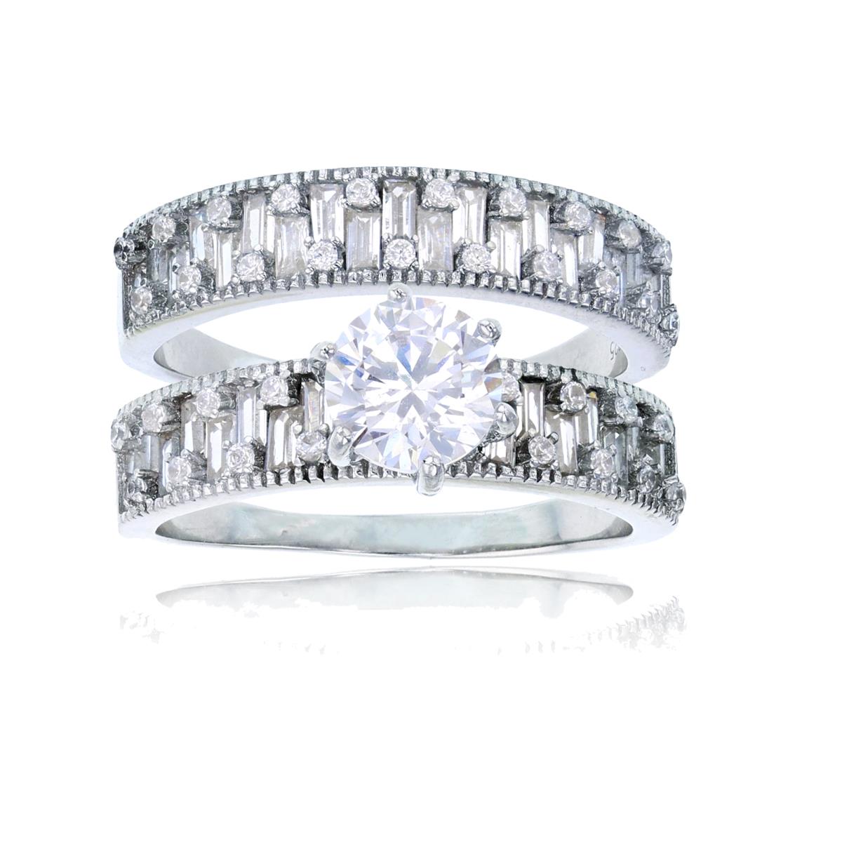 Sterling Silver Rhodium 6.50mm Rd CZ Alternating Rd & Bgt Sides & Band Duo Rings