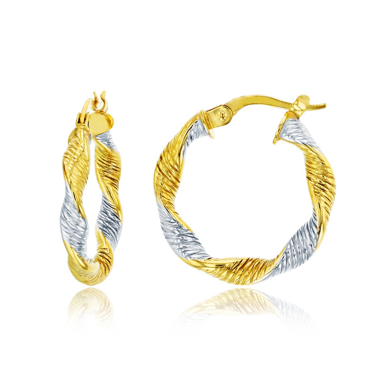 14K Two-Tone Gold 20x3.5mm Scratched Twisted Hoop Earring