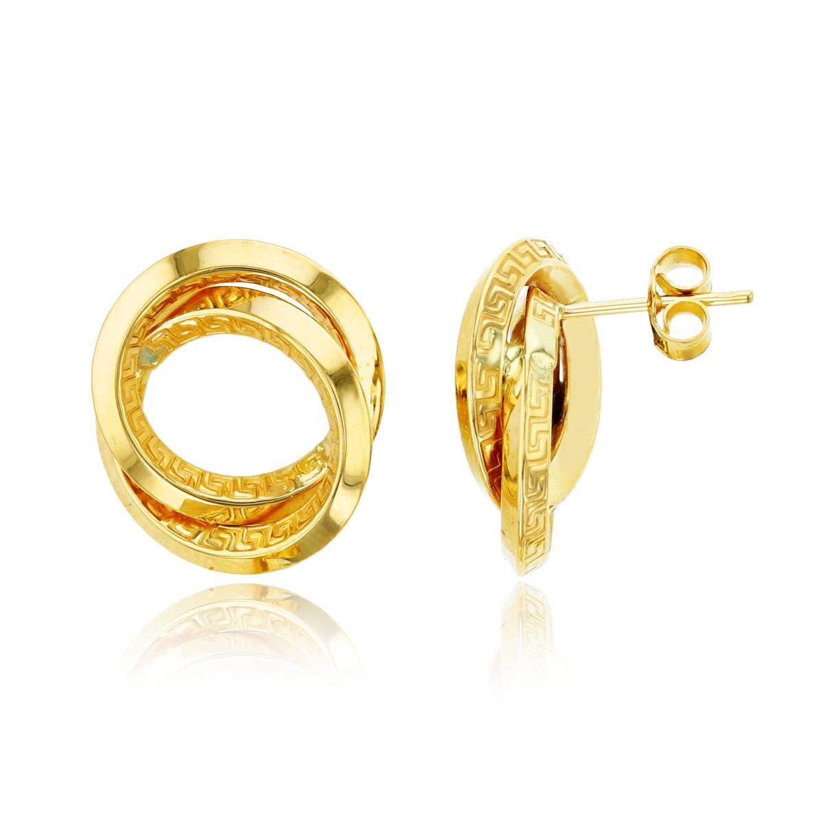 14K Yellow Gold Polished & Greek Key Interlocking Circles Stud Earring