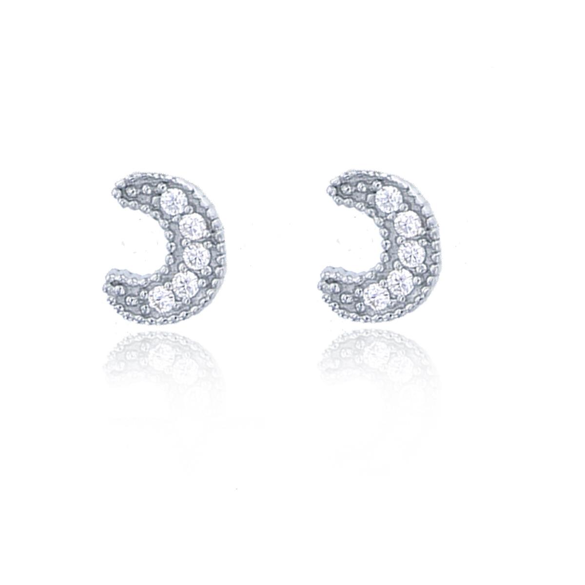 Sterling Silver Rhodium Micropave Moon Stud Earring