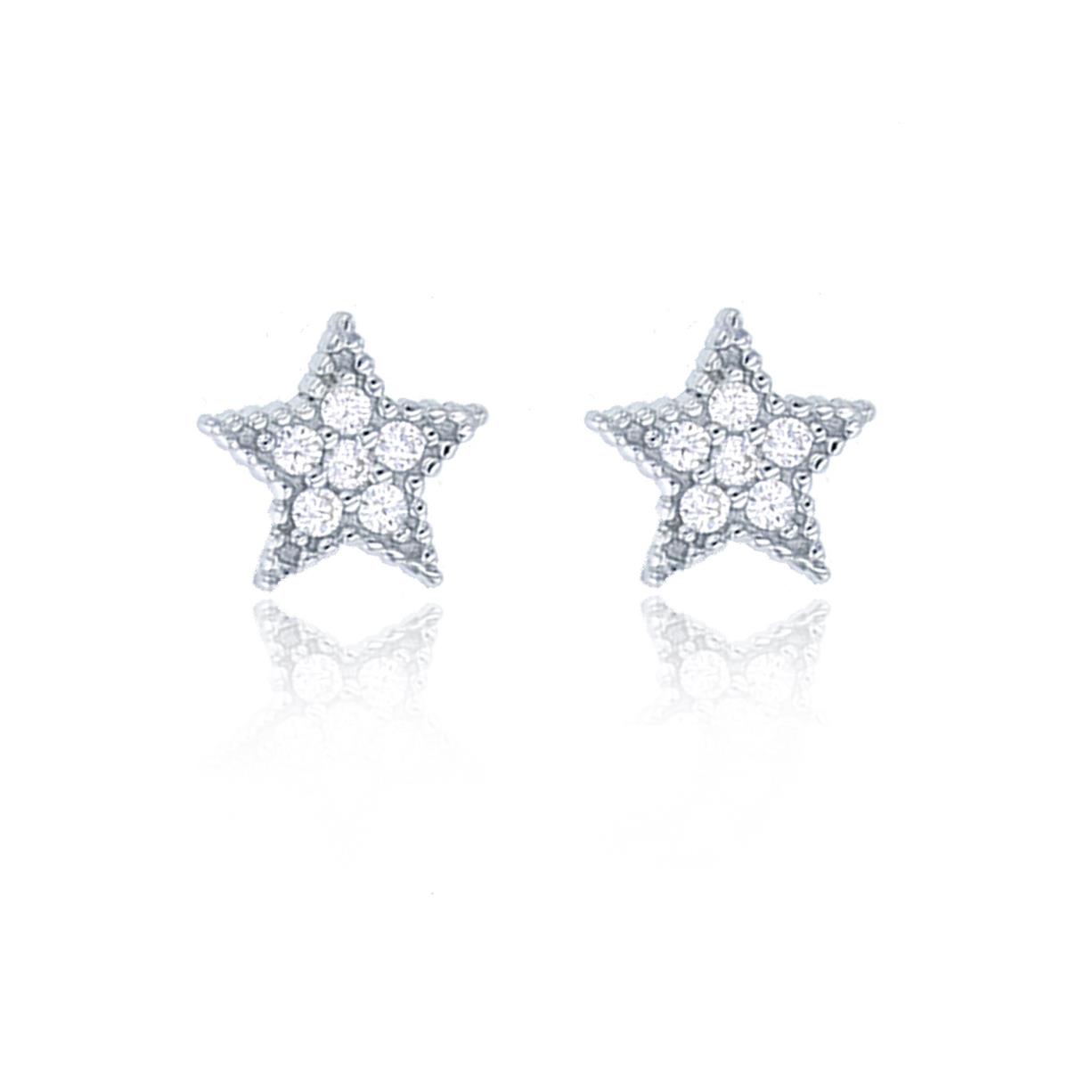 Sterling Silver Rhodium Micropave Star Stud Earring