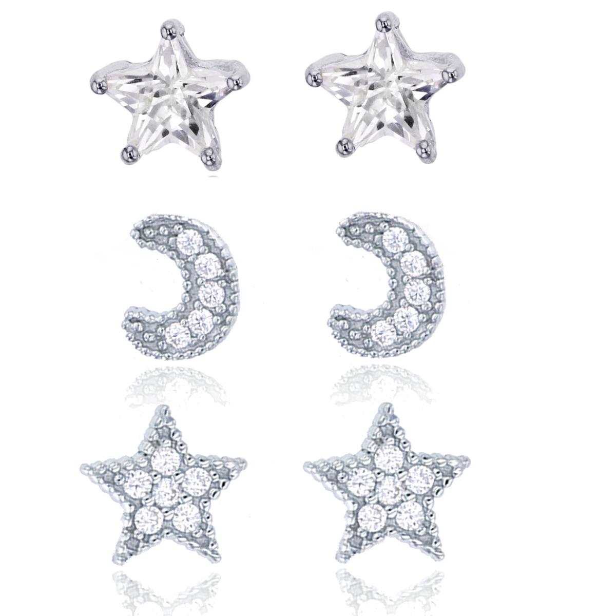 Sterling Silver Rhodium Micropave Moon, Star & 5x5mm Star Cut Solitaire Stud Earring Set
