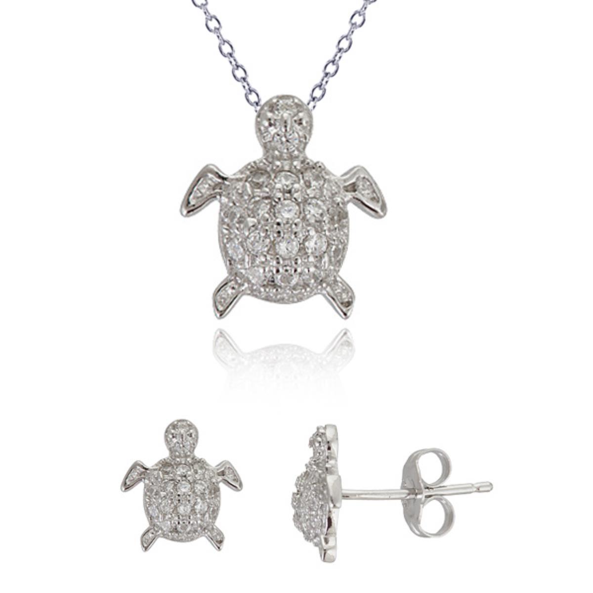 Sterling Silver Rhodium Micropave Turtle 18" Necklace & Earring Set