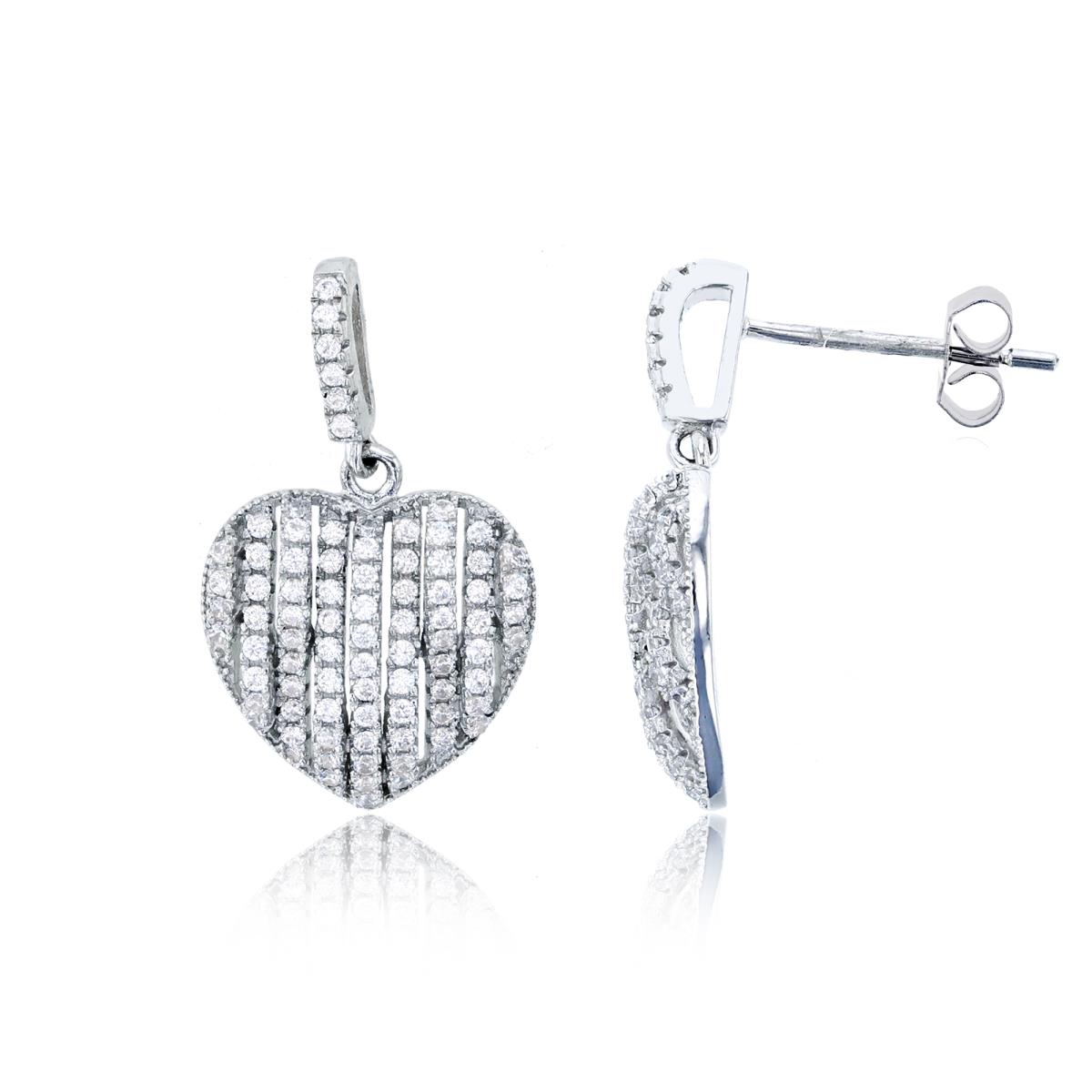 Sterling Silver Rhodium Micropave Heart Dangling Earring